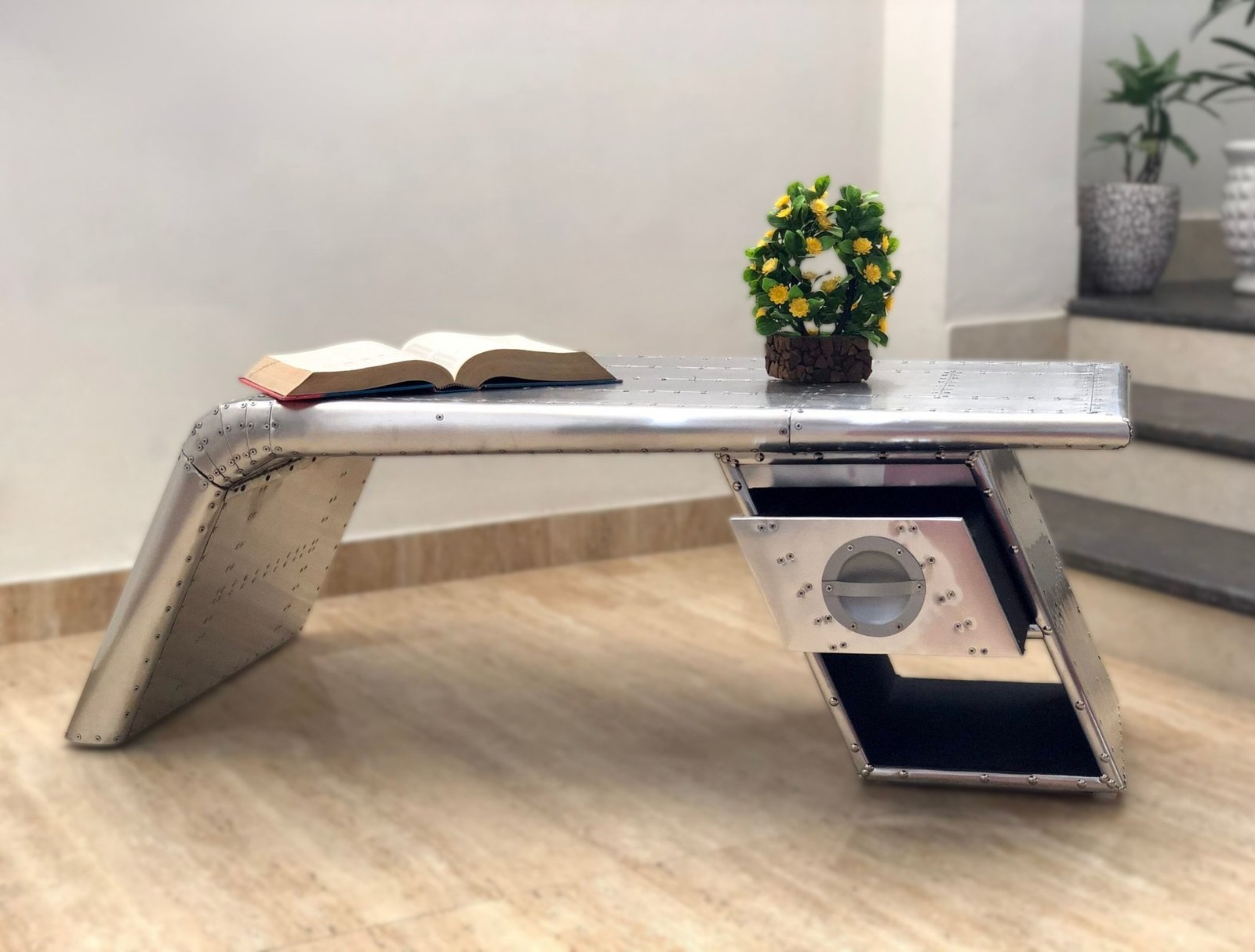 Historium Vault Vintage Aluminium Elegant Aviator Wings Coffee Table Desk with 1 Drawer Silver Metal