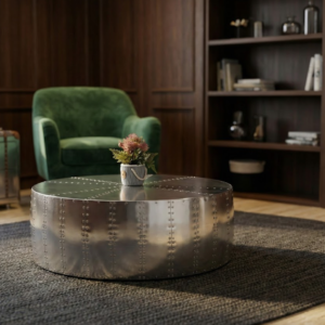 Historium Vault Aluminum Drum Shaped Coffee Table Hammered Coffee Table Aviator Living Room Furniture – Office Decor & Office Furniture