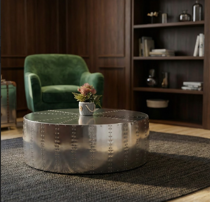 Historium Vault Aluminum Drum Shaped Coffee Table Hammered Coffee Table Aviator Living Room Furniture – Office Decor & Office Furniture