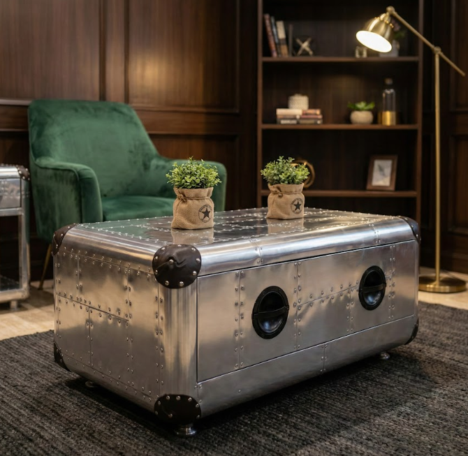 Historium Vault Alluminium Aviator Designer Blackhawk Coffee Table Vintage Furniture One Drawer Accent Storage Table Living Room Center Tables Home & Office Decor Furniture