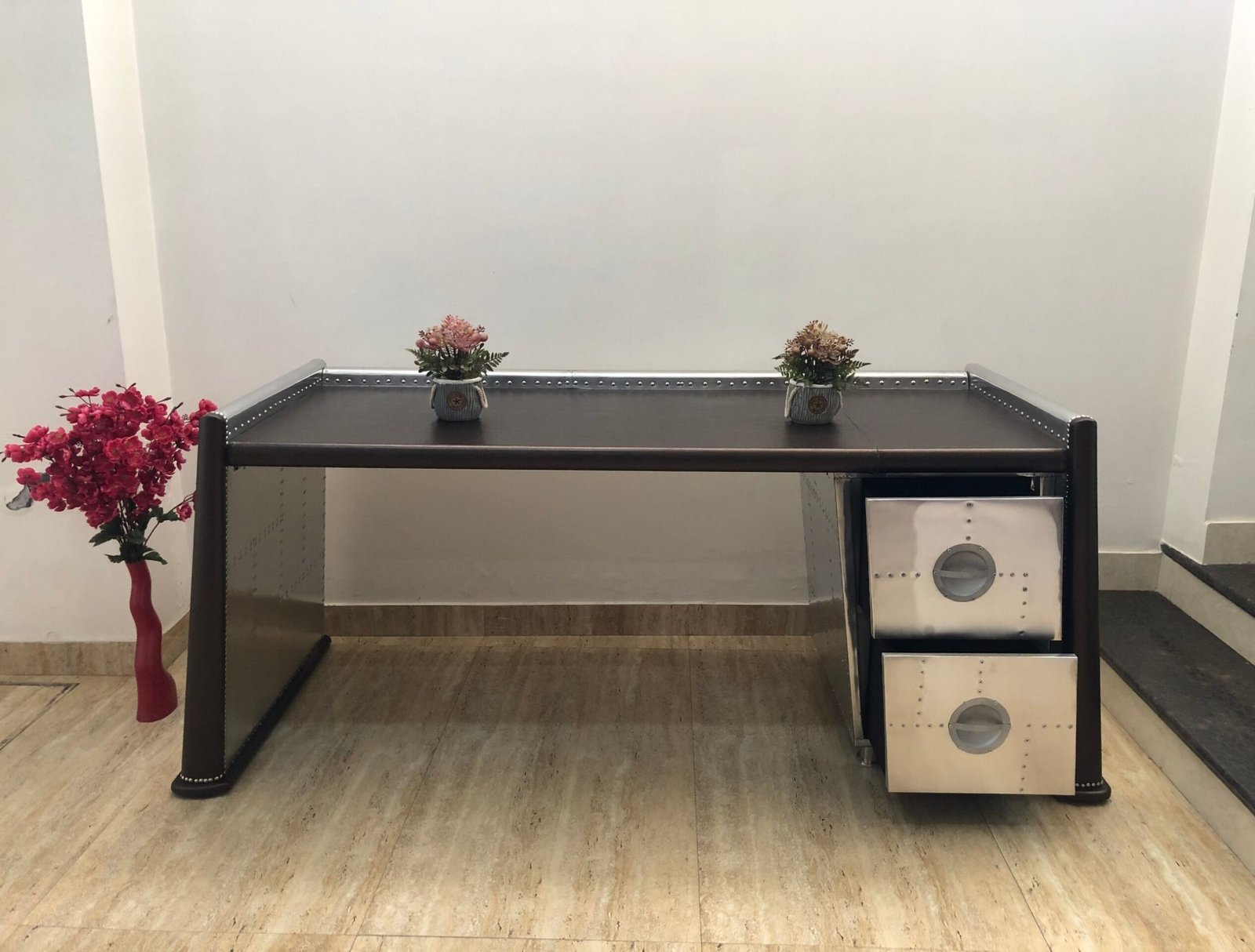 Historium Vault Home Office Wing Desk Aluminium Studded 2 Drawer Handmade Furniture, Mid- Century Aviation Furniture - Image 6