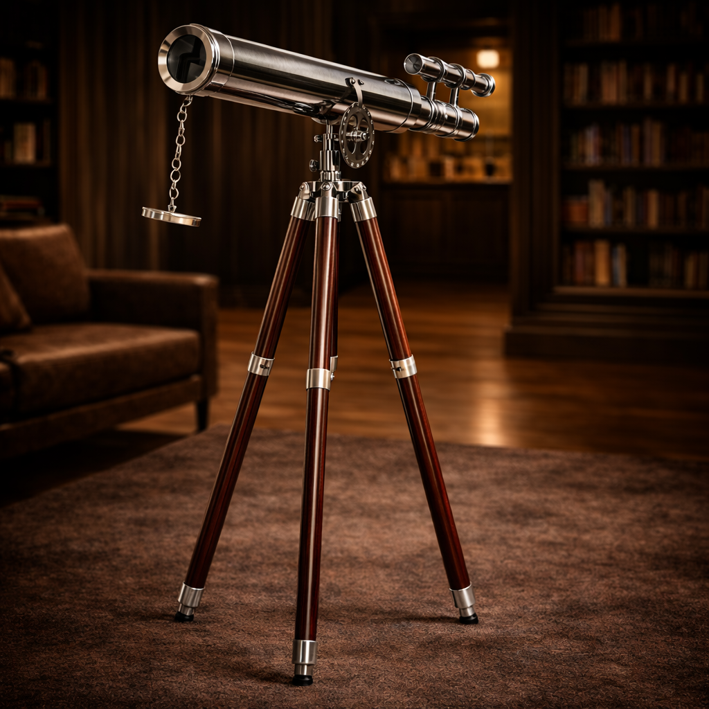 Historium Vault Black Antique Double Barrel Floor Standing Telescope with Tripod Wooden Base