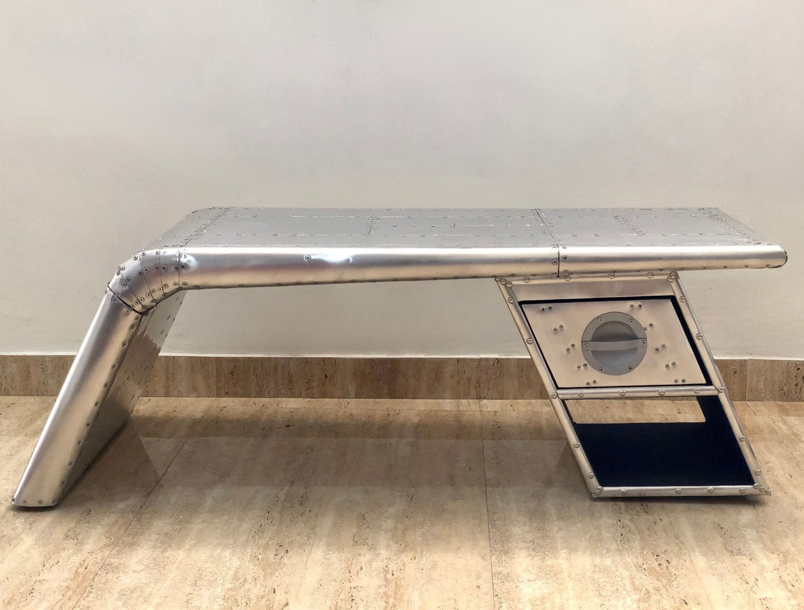 Historium Vault Vintage Aluminium Elegant Aviator Wings Coffee Table Desk with 1 Drawer Silver Metal - Image 3