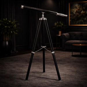 Chrome Pirate Collection Floor Standing Telescope Black Leather Tripod Deco