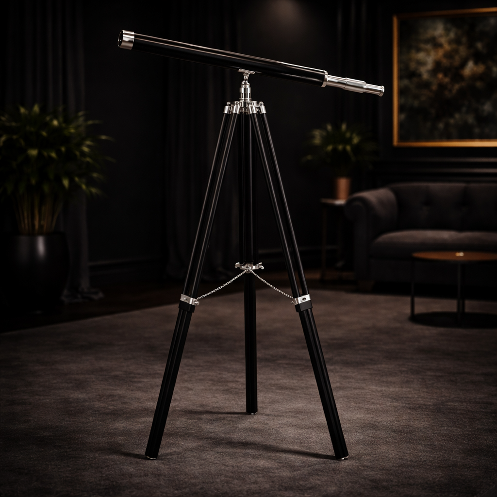 Chrome Pirate Collection Floor Standing Telescope Black Leather Tripod Deco