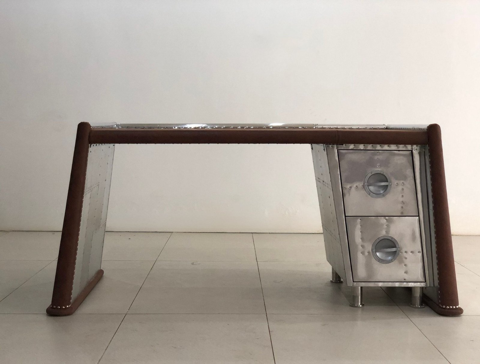 Historium Vault Home Office Wing Desk Aluminium Studded 2 Drawer Handmade Furniture, Mid- Century Aviation Furniture - Image 4