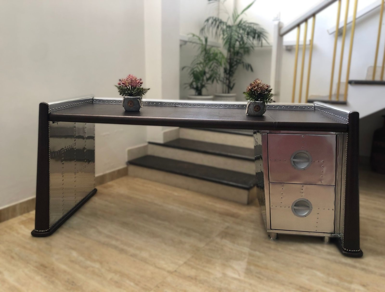 Historium Vault Home Office Wing Desk Aluminium Studded 2 Drawer Handmade Furniture, Mid- Century Aviation Furniture - Image 5