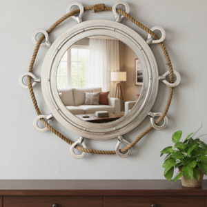Big Silver Finish Porthole Mirror With Rope Nautical Ships Boat Decor